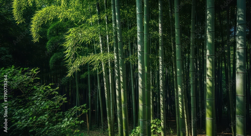 Fototapeta premium Dense bamboo forest with long, slender green stalks and lush foliage