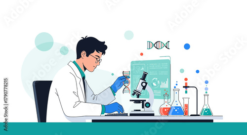 Illustration of a scientist analyzing a dna model in a modern laboratory setting with advanced