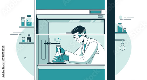 Illustration of a scientist conducting an experiment in a laboratory fume hood safety first