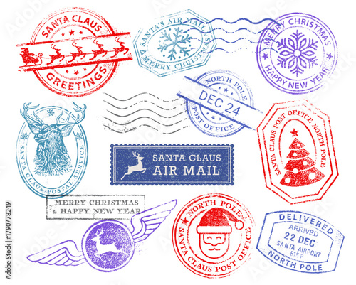 Santa claus postmarks. Vector grunge post Stamps collection