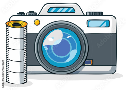 Cartoon illustration of a classic camera and a roll of film.