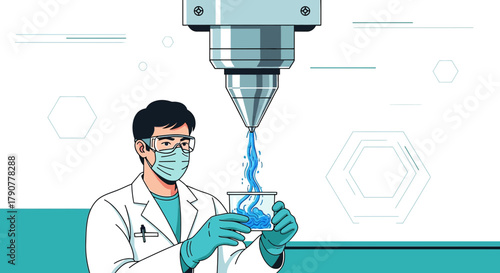 Illustration of a scientist conducting experiment with liquid pouring into beaker in lab setting