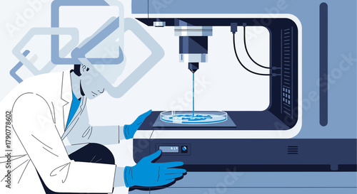 Illustration of a scientist using a 3D printer to create biomedical innovations