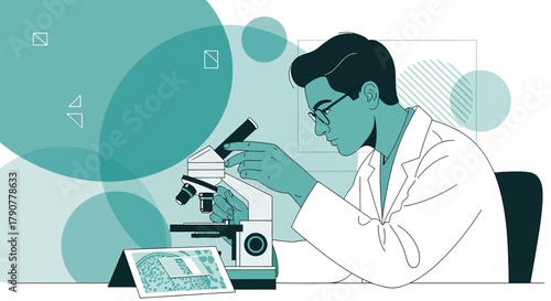 Illustration of a scientist using a microscope for scientific research or medical analysis