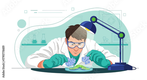 Illustration of a scientist working in a laboratory with cell cultures in a petri dish and a lamp