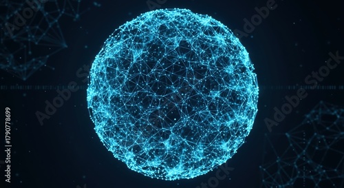 Abstract glowing blue sphere of a global data network. Futuristic technology background with plexus connections. Artificial intelligence and big data concept