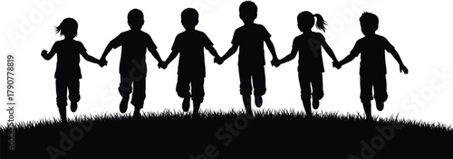 Children running silhouette, holding hands, grassy hill scene, outdoor play, unity concept, faceless figures, joyful motion, expressive childhood design