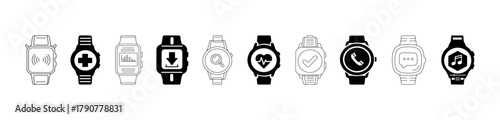 Smartwatch icon set. Fitness, health, communication, and music symbols magnifying, glass, search, tick, checkmark, chart, heart, pulse, vector collection outline black silhouette design.