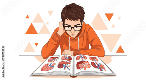 Illustration of a student studying human anatomy from a book with concentration focus