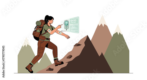 Illustration of a woman hiking with health monitoring technology in mountainous terrain