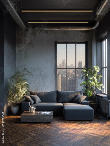 Interior of a modern, moody industrial-style living room in a loft apartment, featuring concrete walls, a gray sofa, and large windows with a city view.