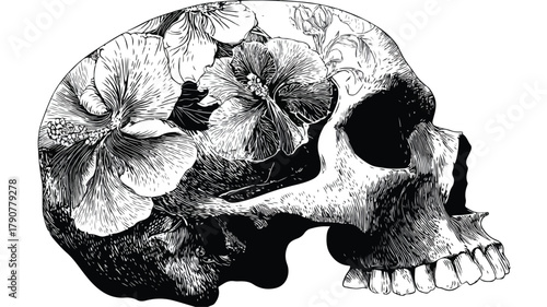 Stylish Black and White Skull with Floral Design Vector Illustration