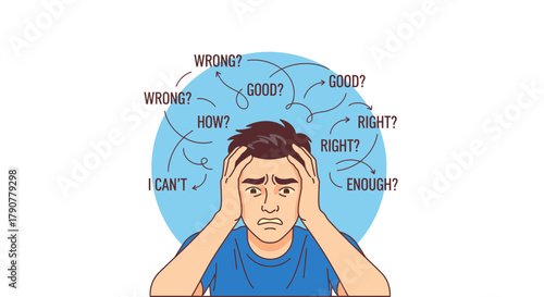 Anxious man with negative thoughts mental health illustration