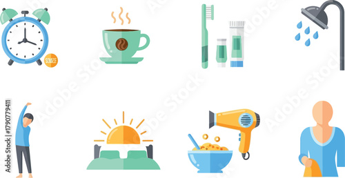 Morning routine icons: alarm clock, coffee, hygiene, shower, stretching, sunrise, breakfast, dressing