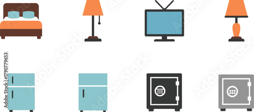 Collection of flat design icons representing household furniture and appliances for interior decoration