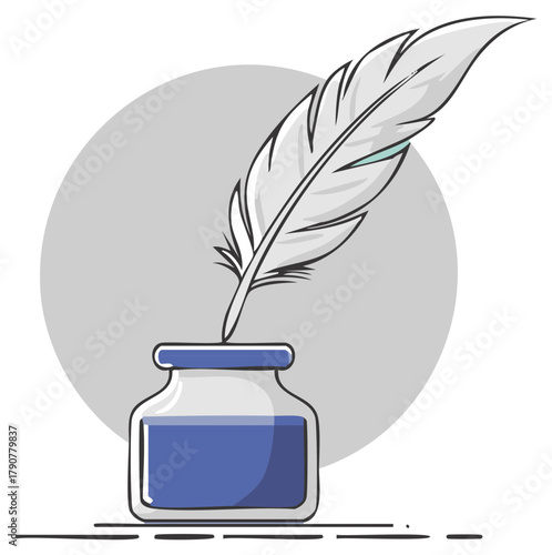 Quill and Inkwell Graphic Illustration, Vintage Writing Instrument, Feather Pen in Blue Ink Bottle