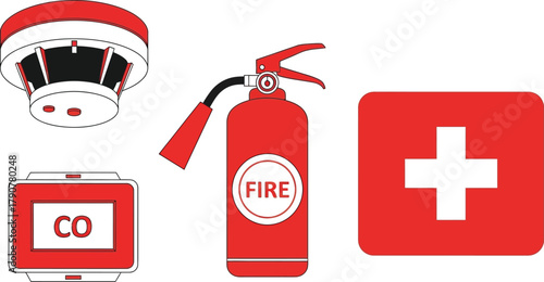 Essential safety equipment including a smoke detector, fire extinguisher, and first aid kit