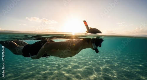 Man snorkeling in clear tropical water at sunset. Over-under split shot of a swimmer exploring the sea. Summer vacation and adventure travel concept