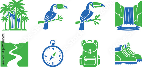 Vibrant jungle adventure icons featuring toucans, waterfalls, hiking gear, and lush scenery