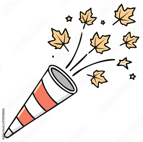 Cartoon party popper exploding with falling leaves and stars, festive celebration