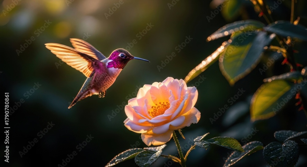 Fototapeta premium Hummingbird hovering near a soft peach rose, lit by bright, golden sunlight