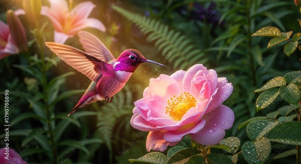 Fototapeta premium Hummingbird hovering near pink rose, bathed in sunlight, garden greenery