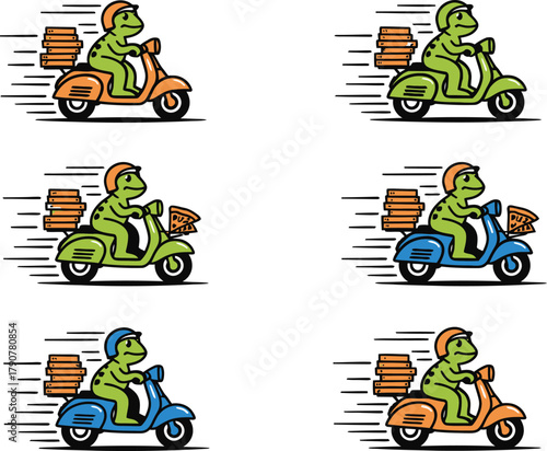 Cute frog character riding a scooter delivering packages fast