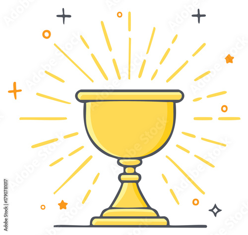 Golden shining chalice with radiant light burst in doodle style. Symbol of victory and success.
