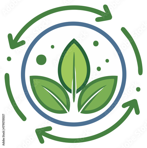 Ecology cycle symbol illustration featuring foliage in a circle with rotating green arrows as a metaphor for renewable energy and sustainable living