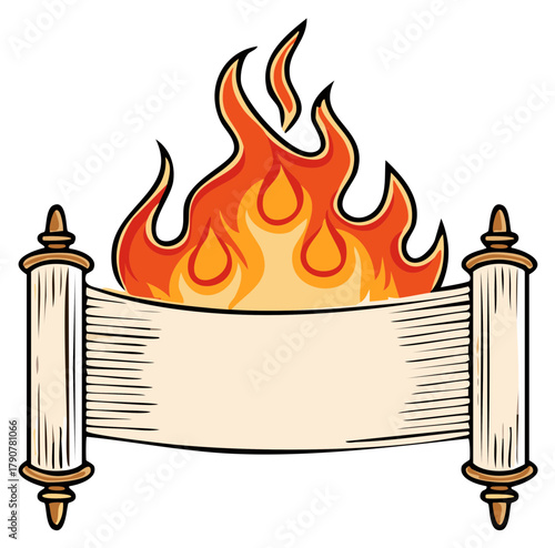 Ancient scroll with vibrant flames engulfing the top portion, symbolizing sacred texts or burning knowledge