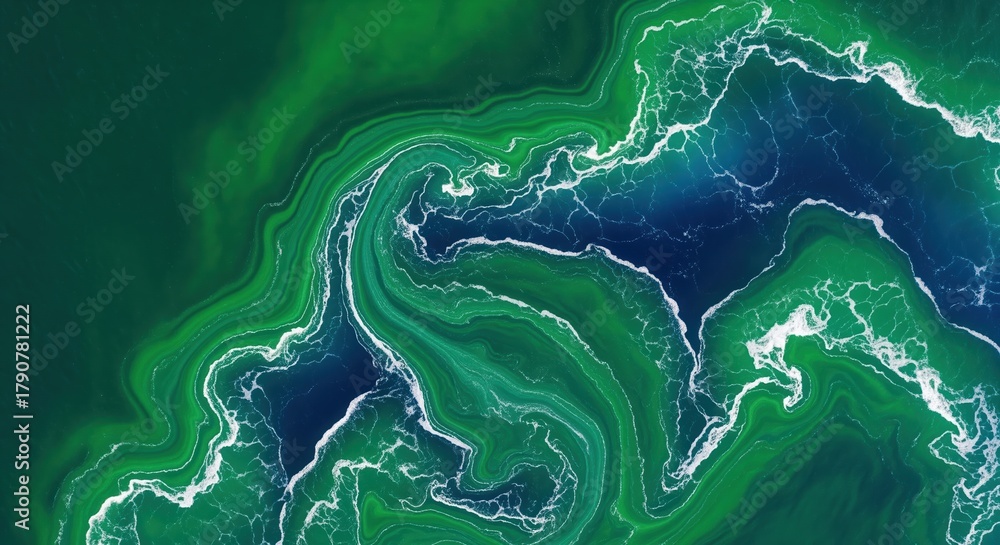 Obraz premium Aerial view shows swirling green and blue ocean water patterns with white foam. The natural flowing shapes create abstract designs. Perfect for backgrounds, nature themes, and eco concepts.