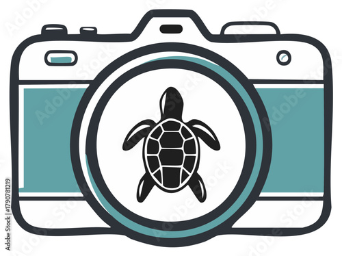 Stylized camera illustration with a beautiful sea turtle symbol for wildlife conservation