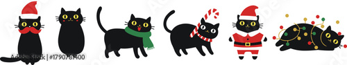 Christmas black cats, festive clipart, Santa outfit, candy cane, holiday lights, scarf, bow tie, cute pets, winter design, playful poses