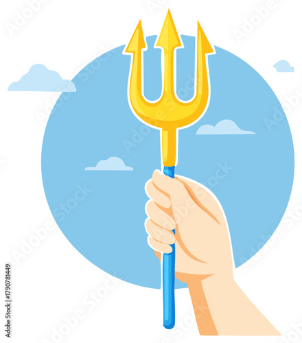 Hand holding up a golden trident against a blue sky with clouds mythical weapon concept