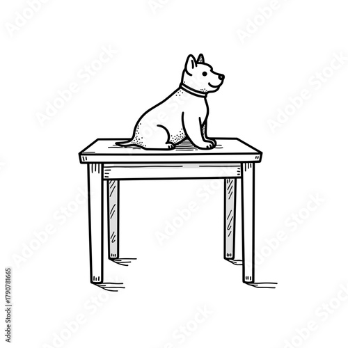 Dog sitting on a wooden table in a simple line art style  