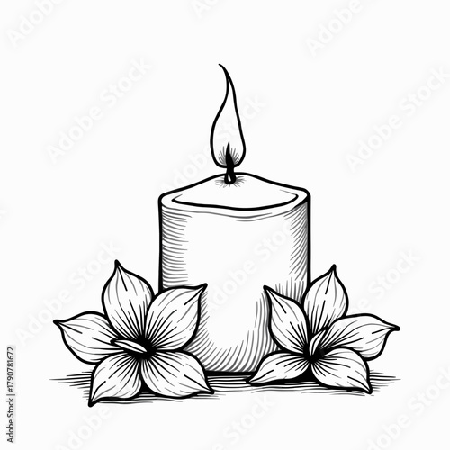 Candle with floral decoration in monochrome sketch style  