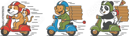 Cute cartoon animals riding scooters delivering pizza