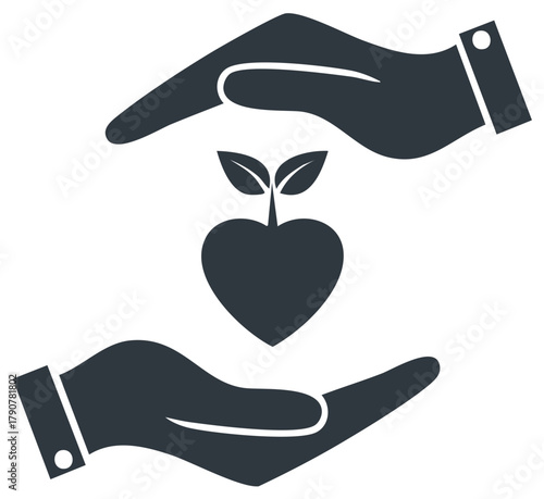Hands protecting a heart shaped seedling symbolizing care for life and nature