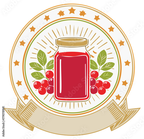 Homemade cranberry jam jar emblem with blank ribbon vintage vector illustration