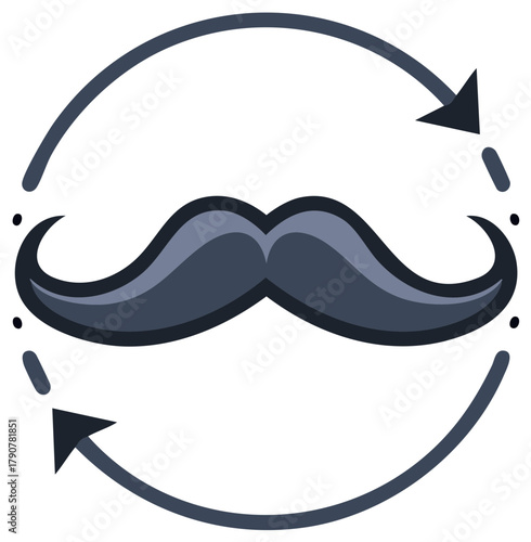 Retro mustache design within a cyclical arrow symbolizing grooming trends and fashion updates
