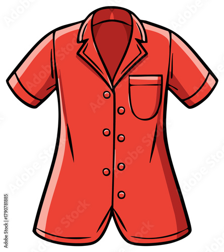 Crimson Short Sleeve Pajama Shirt with Pocket and Buttons Cartoon Style Illustration