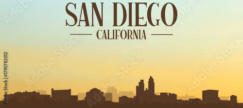 Panoramic poster of the city skyline with misty background buildings, hills sunrise, sunset and clouds of SAN DIEGO, UNITED STATES