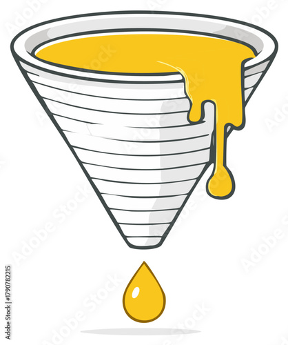 Golden liquid overflowing from a conical filter, a single drop falling