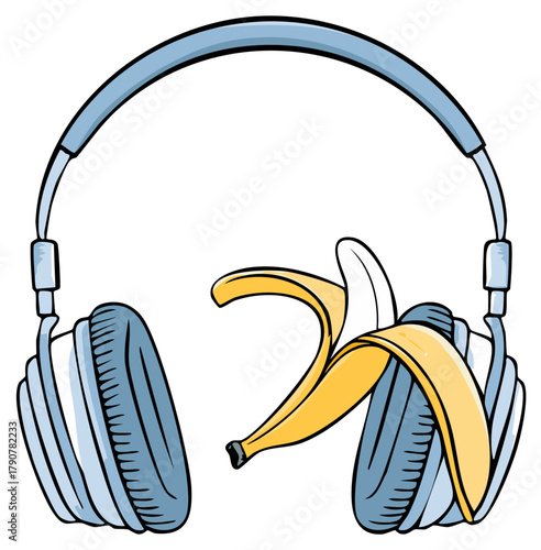 Cartoon headphones with a partially peeled banana as a creative music concept
