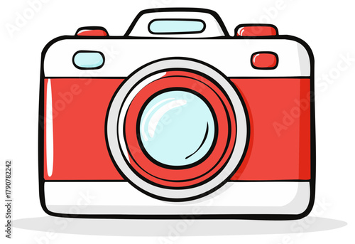 Stylized cartoon camera with red body and white accents, simple graphic design