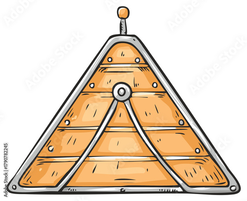 Triangular Wooden Percussion Instrument with Metallic Frame and Knob