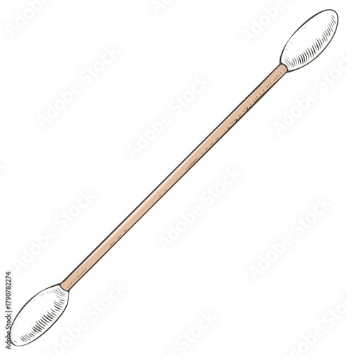 Hand-drawn cotton swab illustration, featuring wooden stick and soft cotton buds for cleaning and personal hygiene practices.