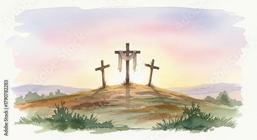 Watercolor painting of three crosses on a hill at sunrise with soft colors