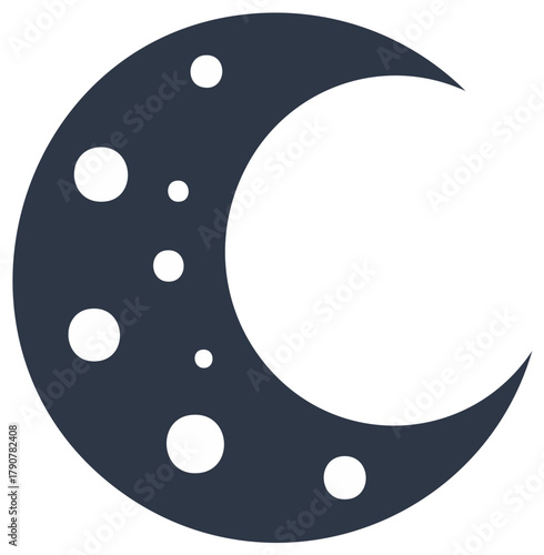 Stylized dark blue crescent moon icon with white craters and spots symbolizing night sky and space