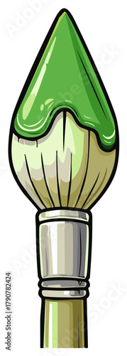 Vibrant green paint covers bristles of a cartoon style artistic brush illustration